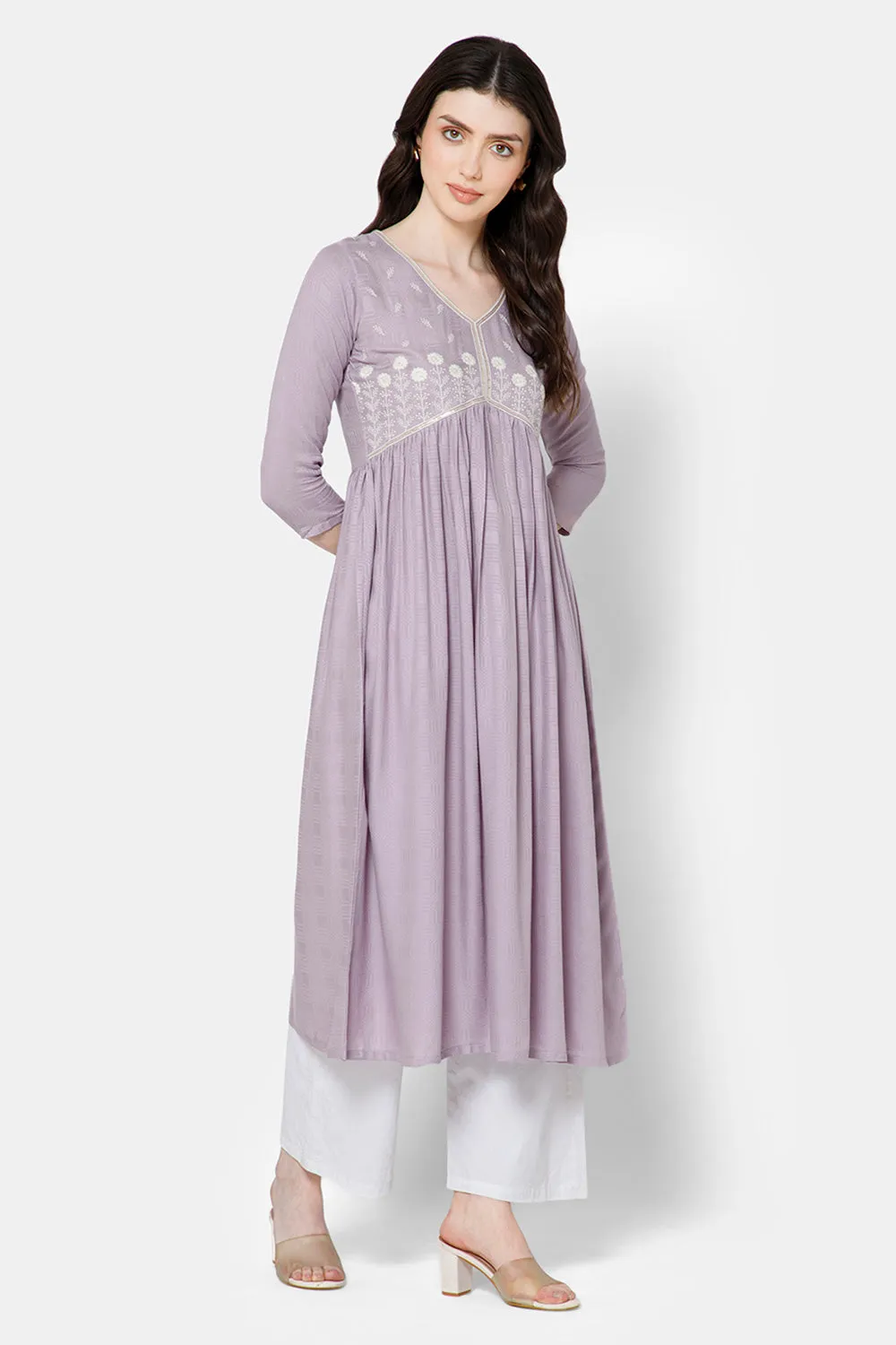 Mythri Women's Ethnic wear Kurthi with Elegant Lace Attachement At The Neckline - Purple - E079