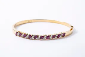 Natural Marquise Ruby & Diamond 18K 750 Yellow Gold Lock Bangle Bracelet