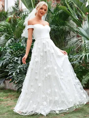 Off Shoulder Floral Applique Mesh Wedding Dress