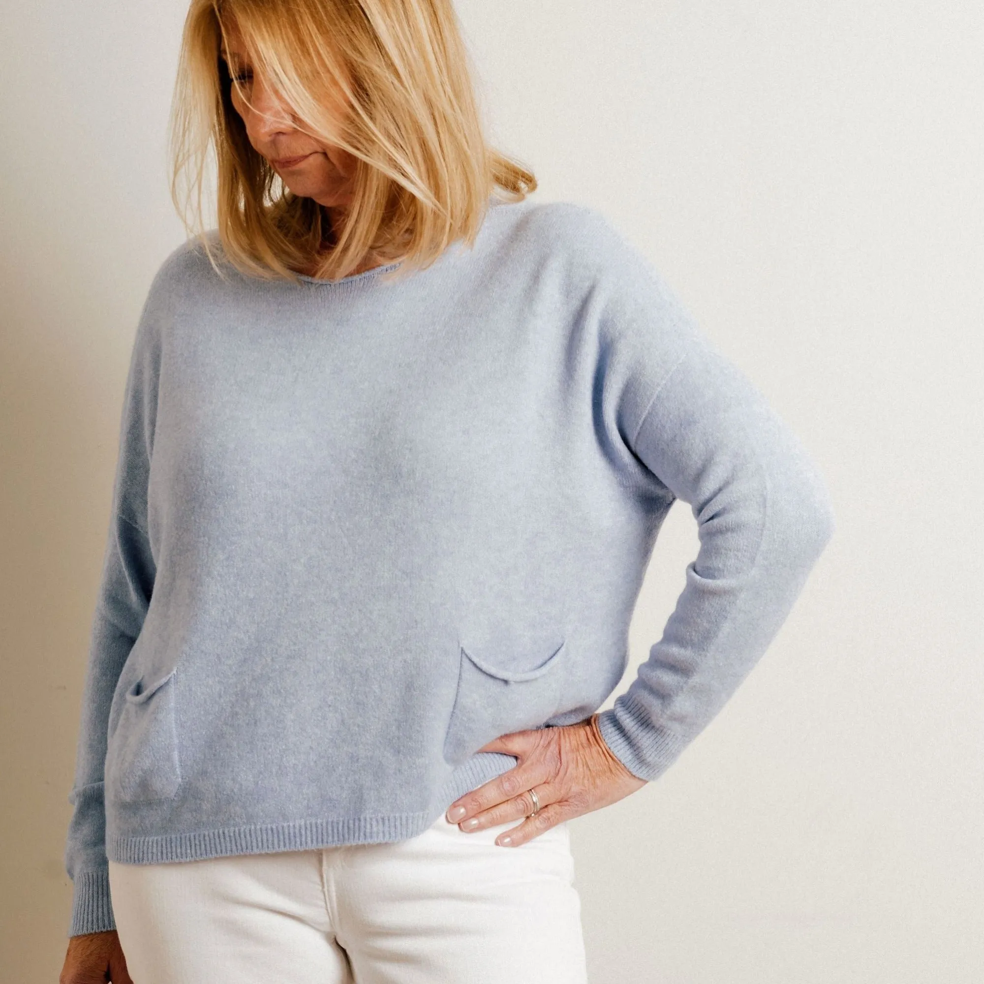 Pale Blue Double Pocket Supersoft Fine Knit Round Neck Easy Wear Jumper