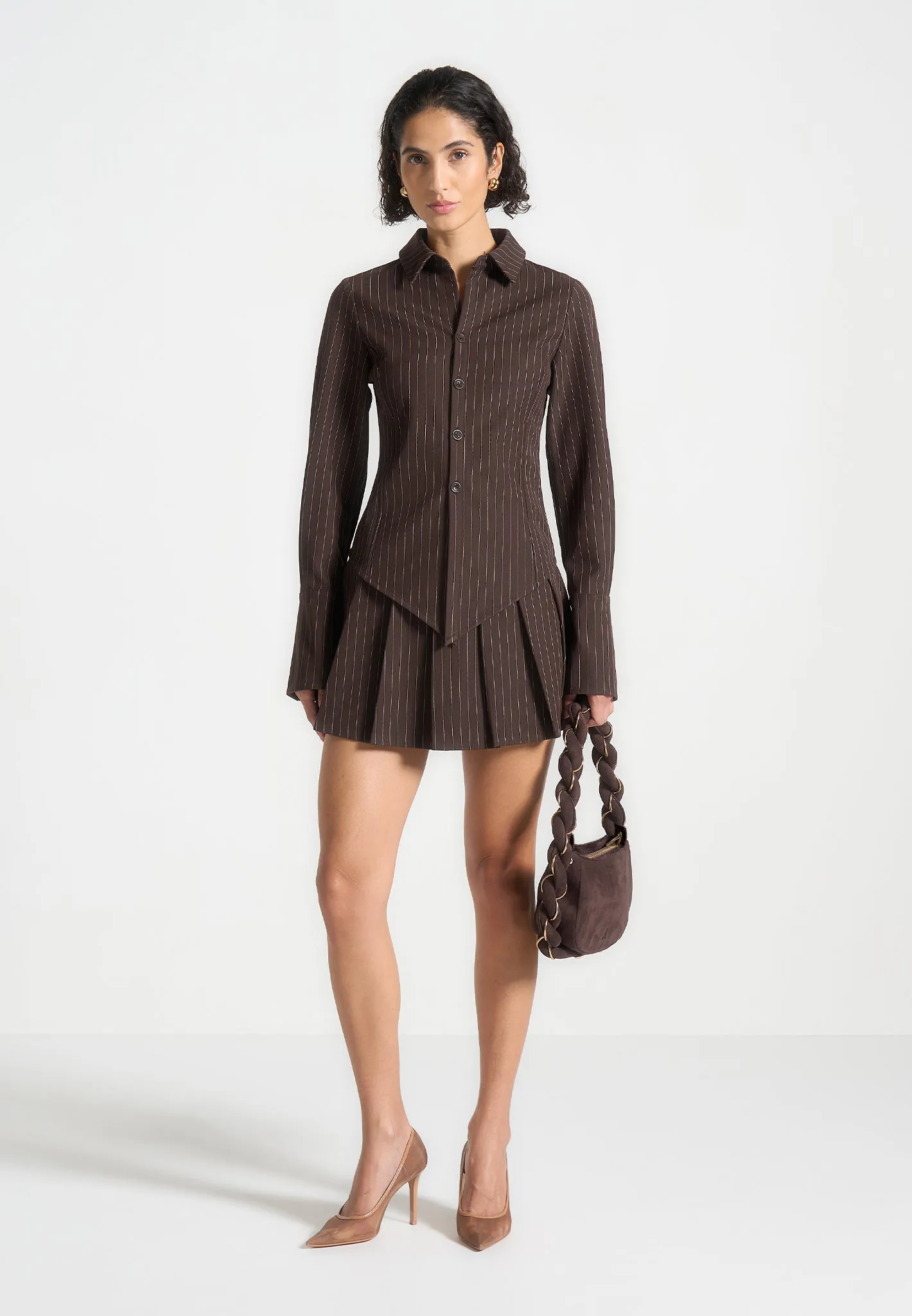 Pinstripe Pleated Skort - Brown