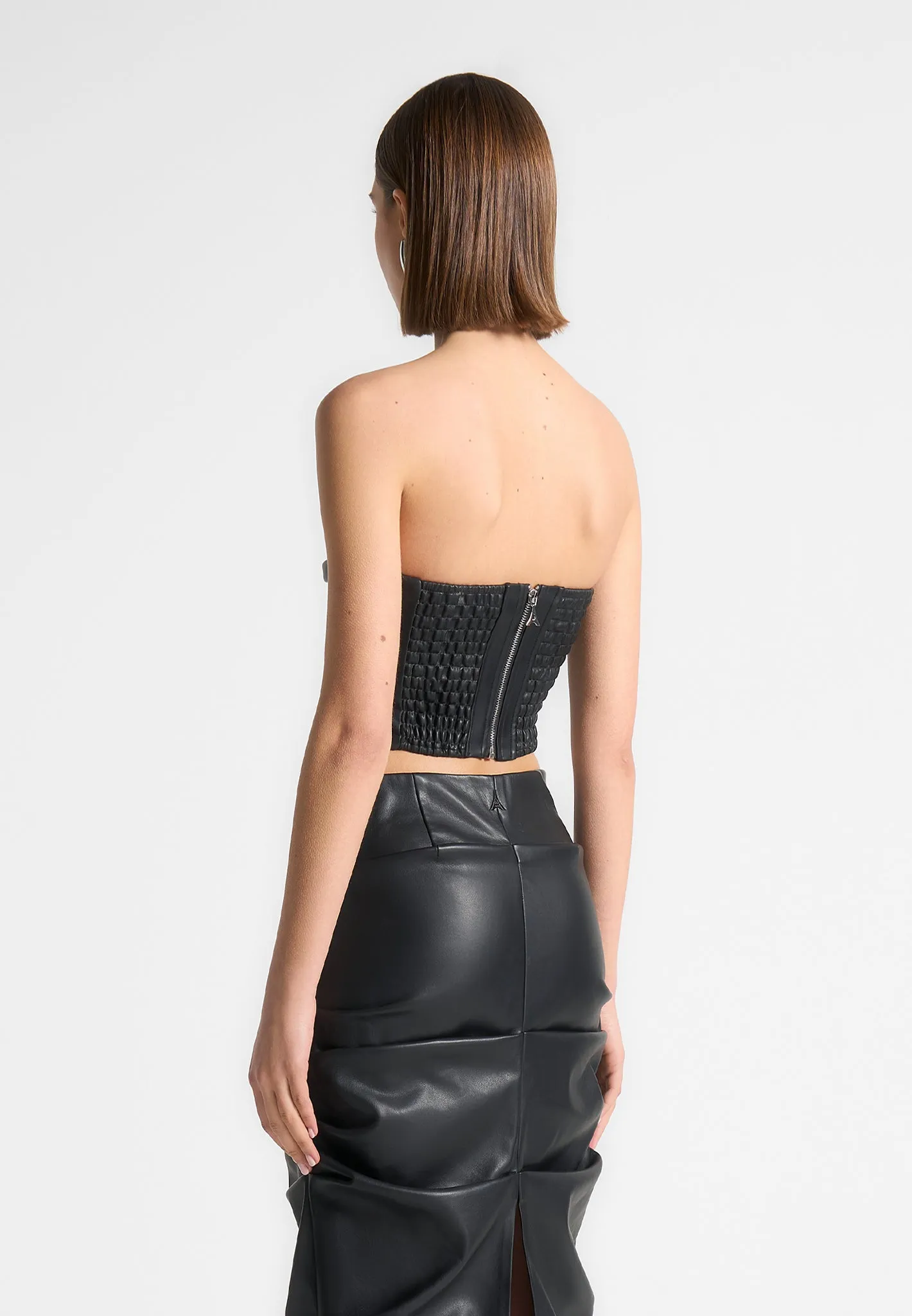 Pleated Bandeau Leather Corset Top - Black