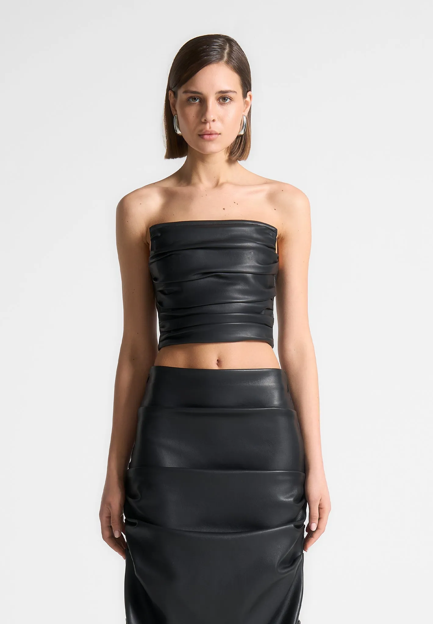 Pleated Bandeau Leather Corset Top - Black