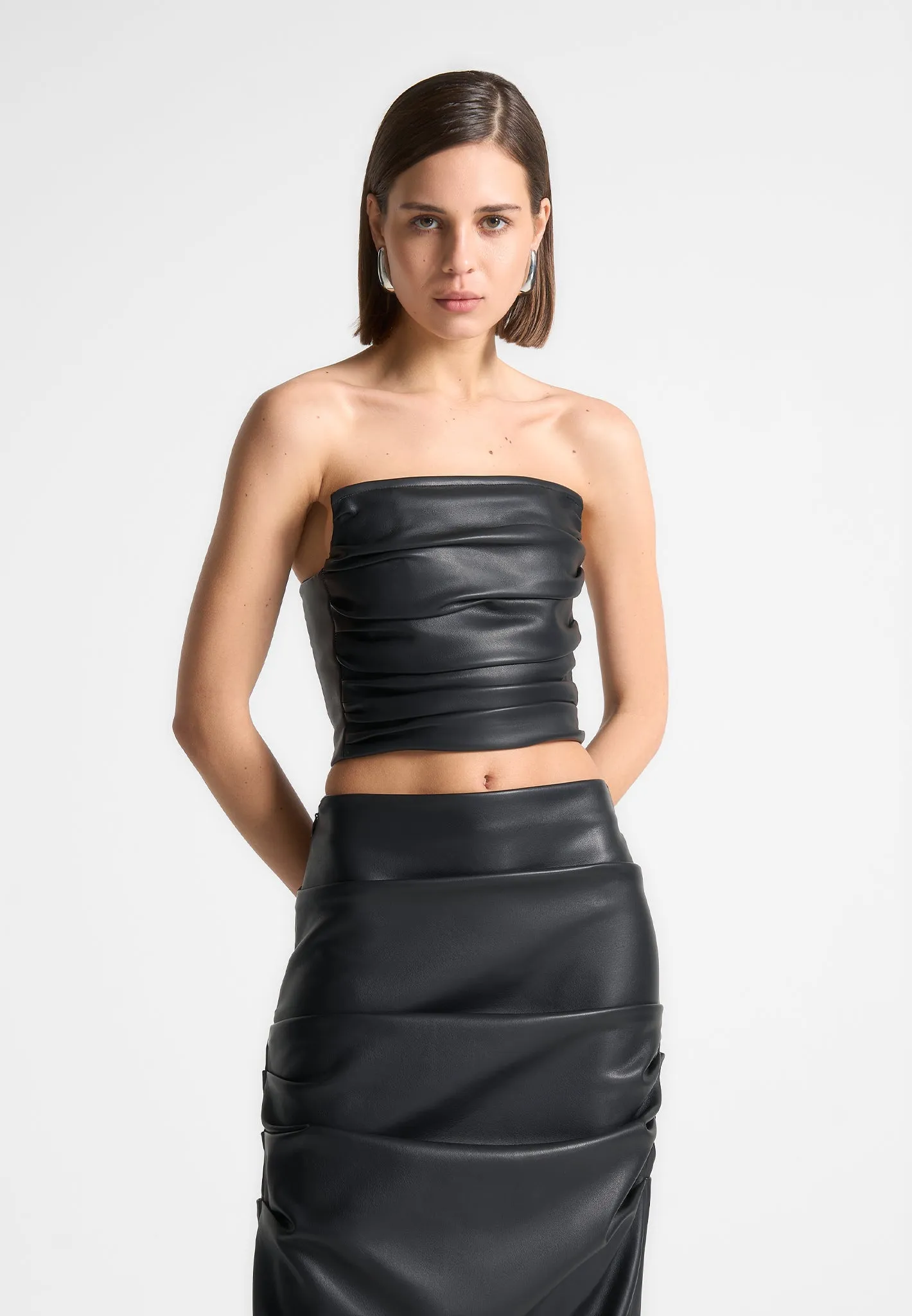 Pleated Bandeau Leather Corset Top - Black