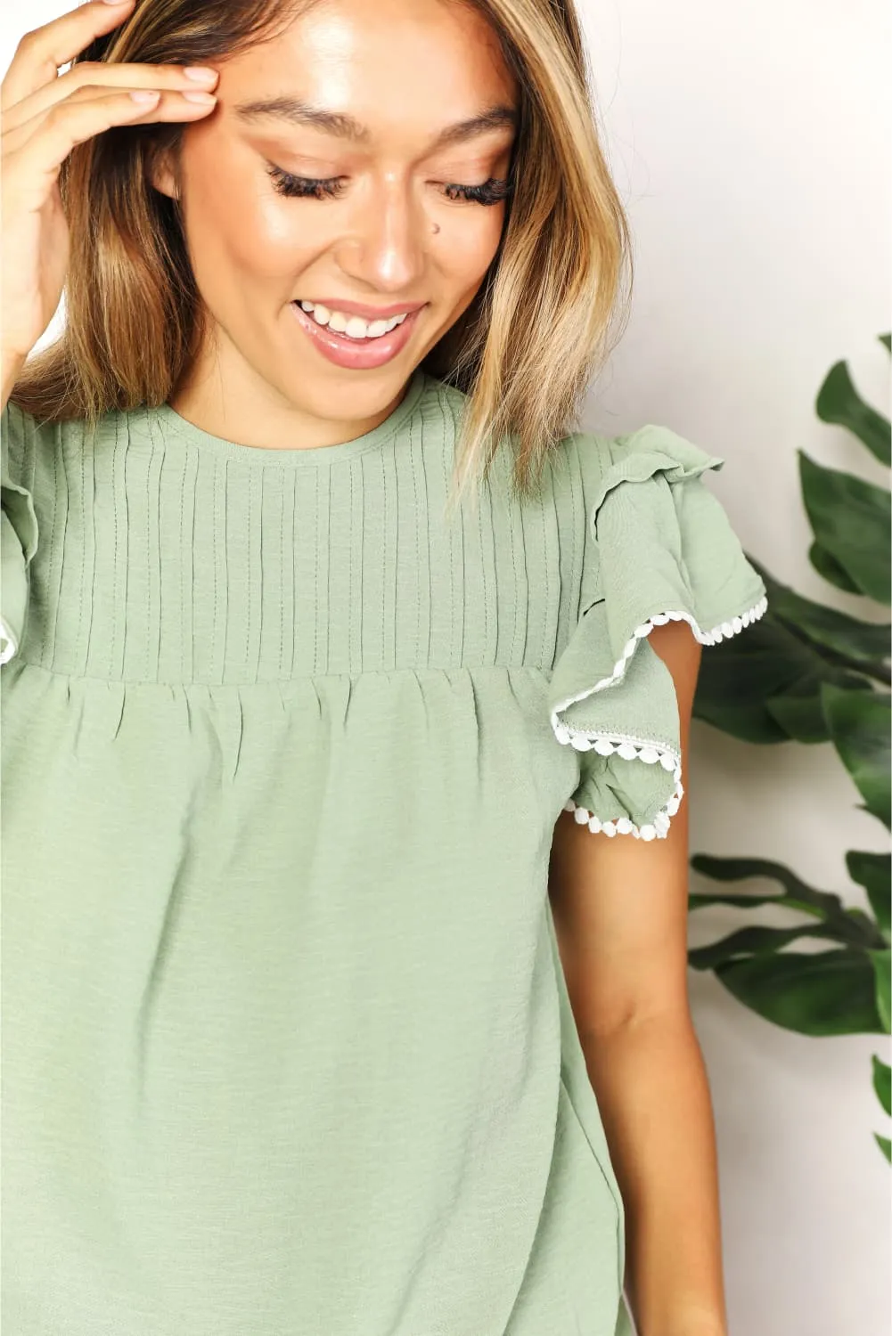 Pleated Detail Flutter Sleeve Blouse in Gum Leaf