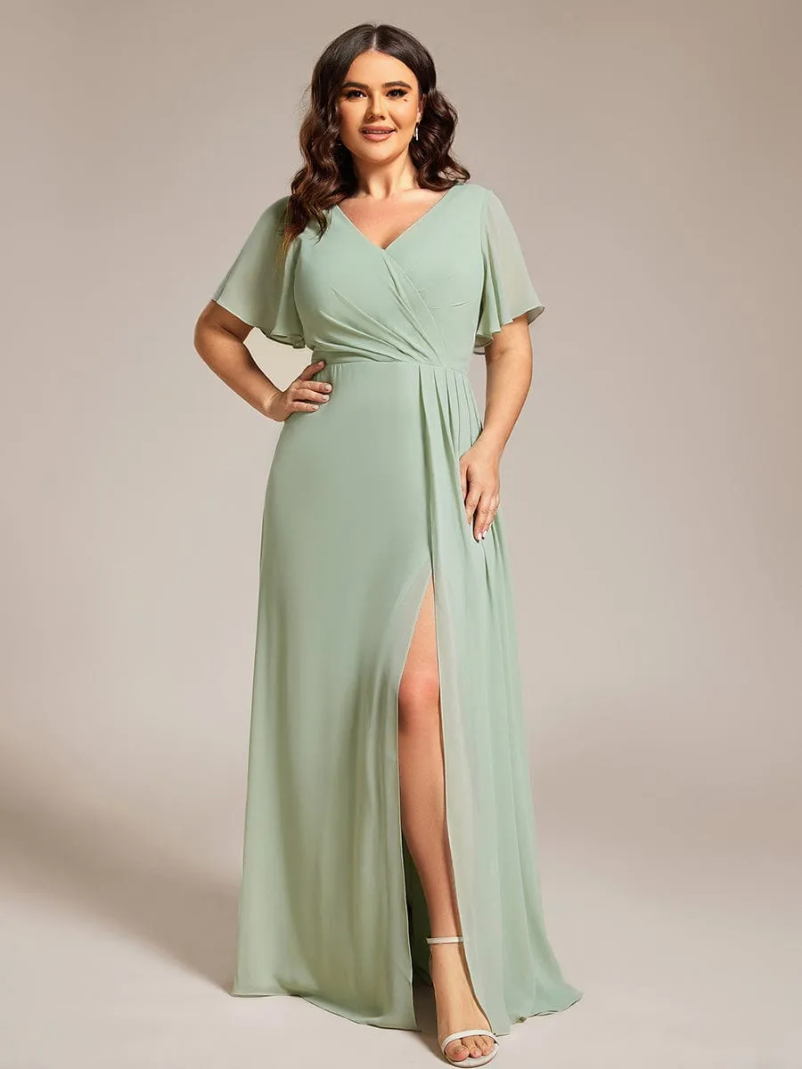 Plus Size High Slit V-Neck Empire Waist Chiffon Bridesmaid Dress