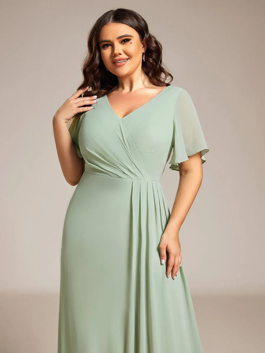 Plus Size High Slit V-Neck Empire Waist Chiffon Bridesmaid Dress