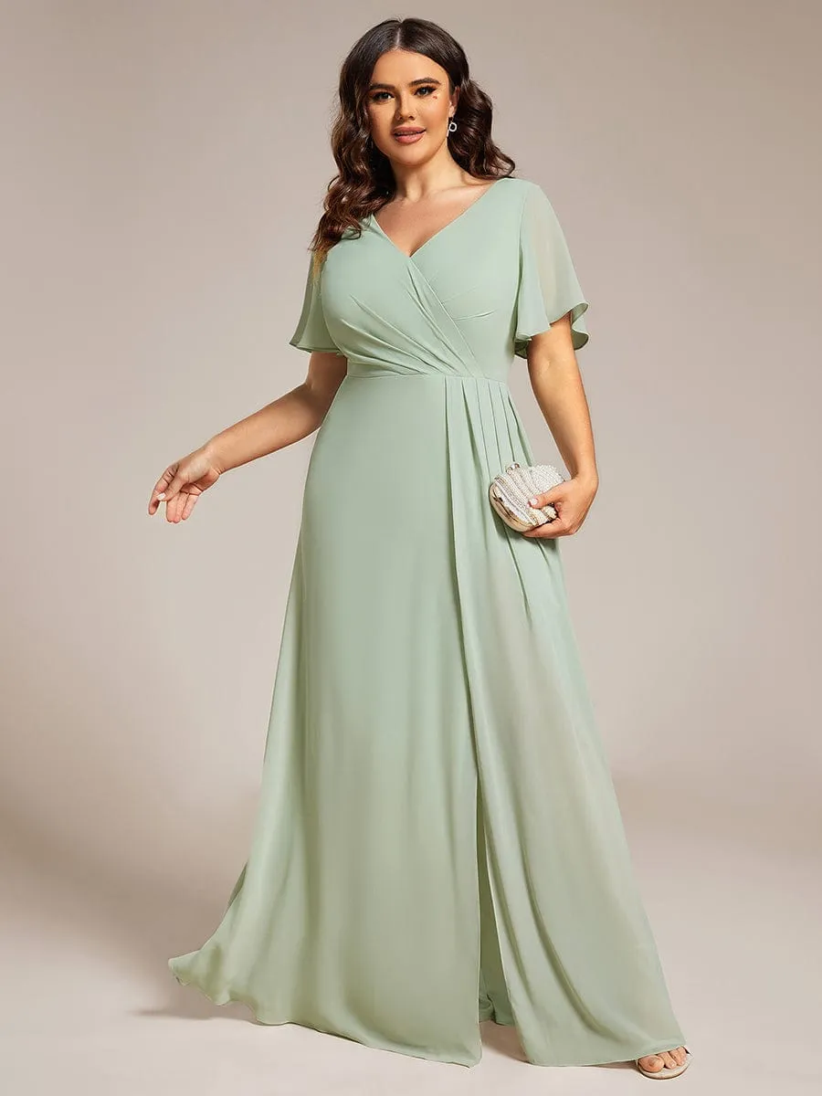 Plus Size High Slit V-Neck Empire Waist Chiffon Bridesmaid Dress