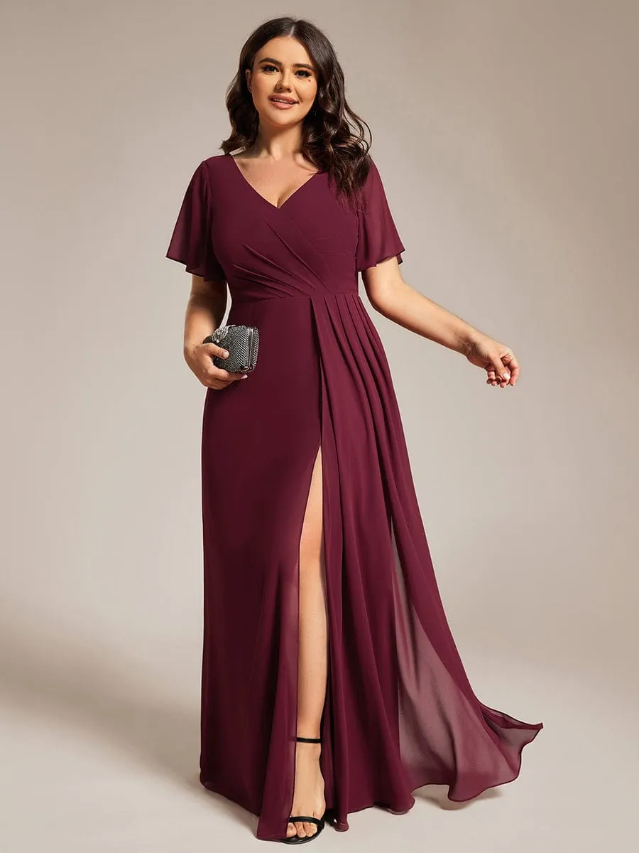 Plus Size High Slit V-Neck Empire Waist Chiffon Bridesmaid Dress