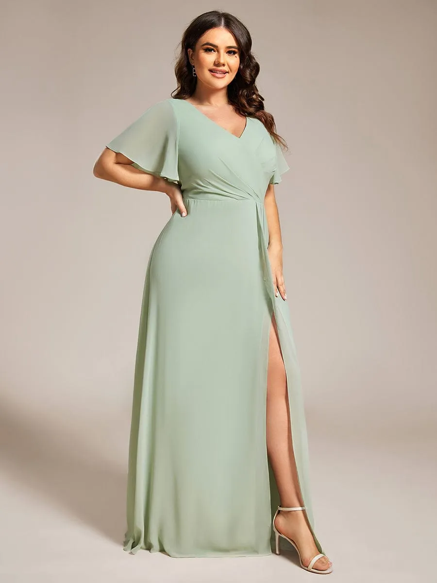 Plus Size High Slit V-Neck Empire Waist Chiffon Bridesmaid Dress