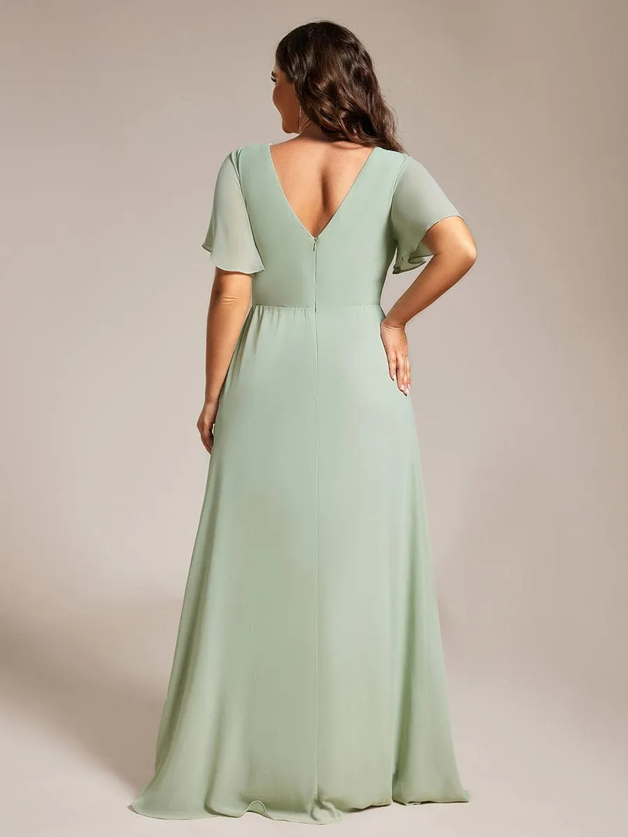 Plus Size High Slit V-Neck Empire Waist Chiffon Bridesmaid Dress