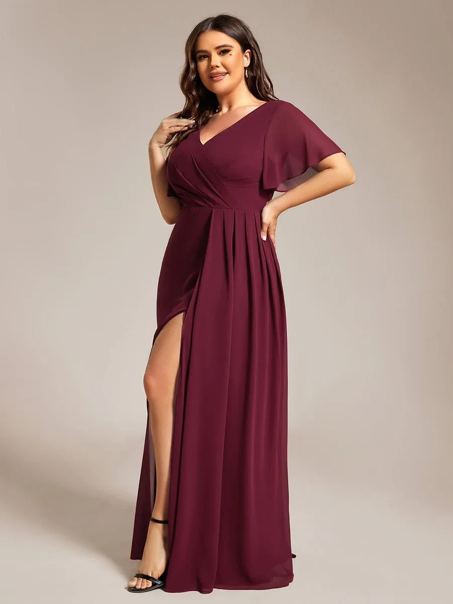 Plus Size High Slit V-Neck Empire Waist Chiffon Bridesmaid Dress