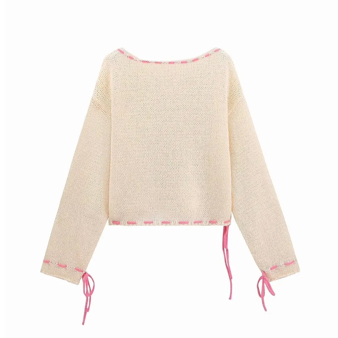 Pre Order:  Loose Lace Up Long Sleeve Knitted Sweater