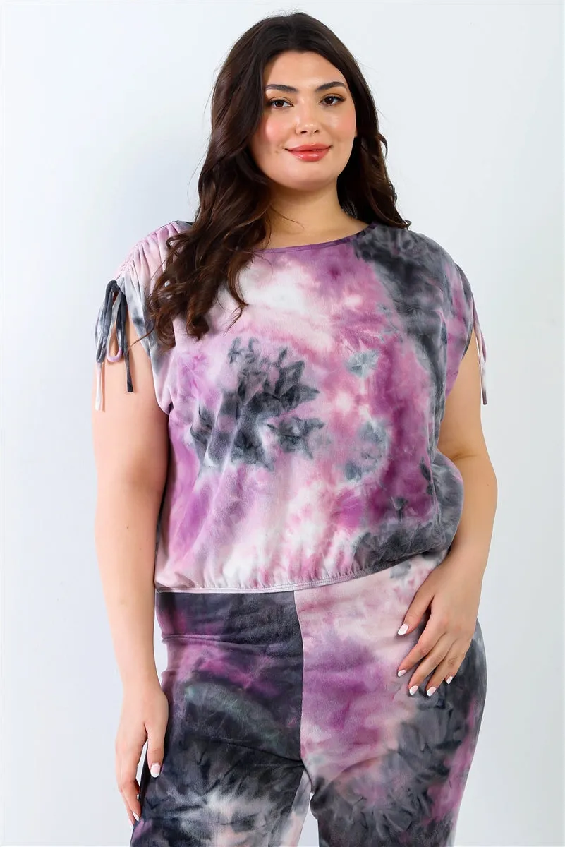 Purple & Black Tie-dye Ruched Top & Pants Set Voluptuous ( ) Plus Size - Ships from The US