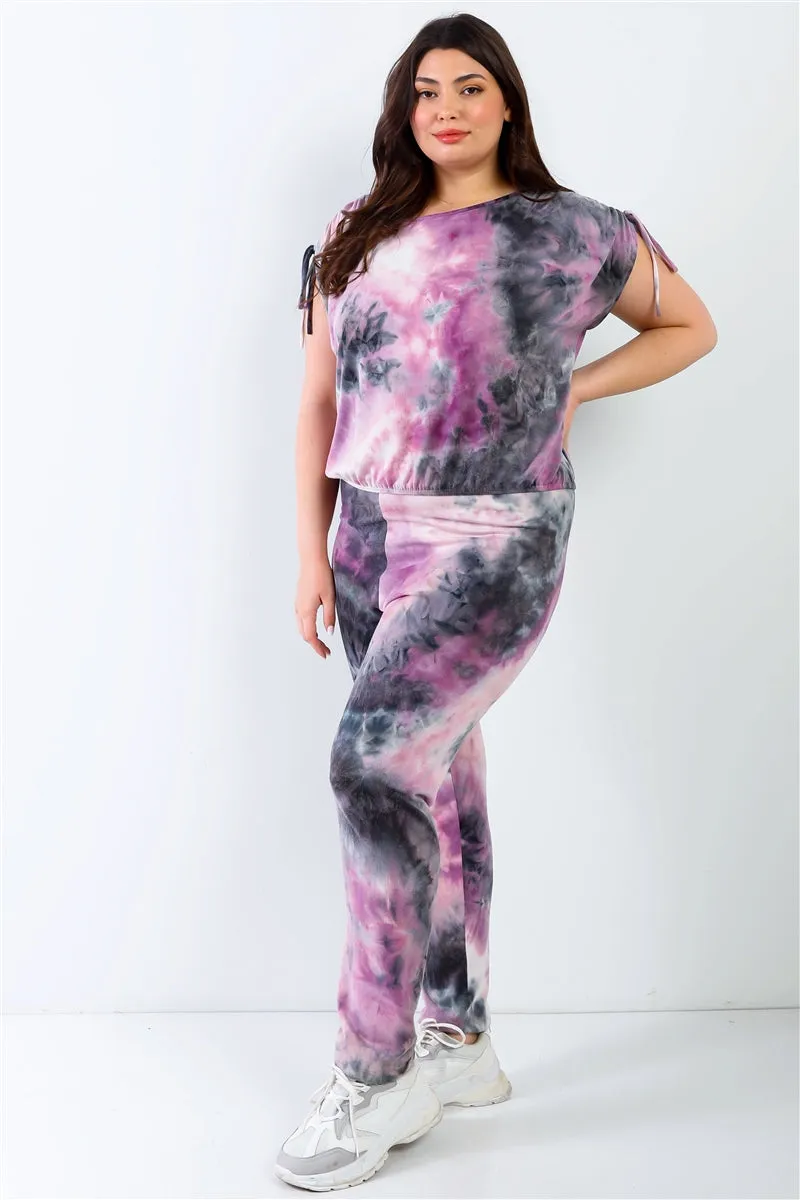 Purple & Black Tie-dye Ruched Top & Pants Set Voluptuous ( ) Plus Size - Ships from The US