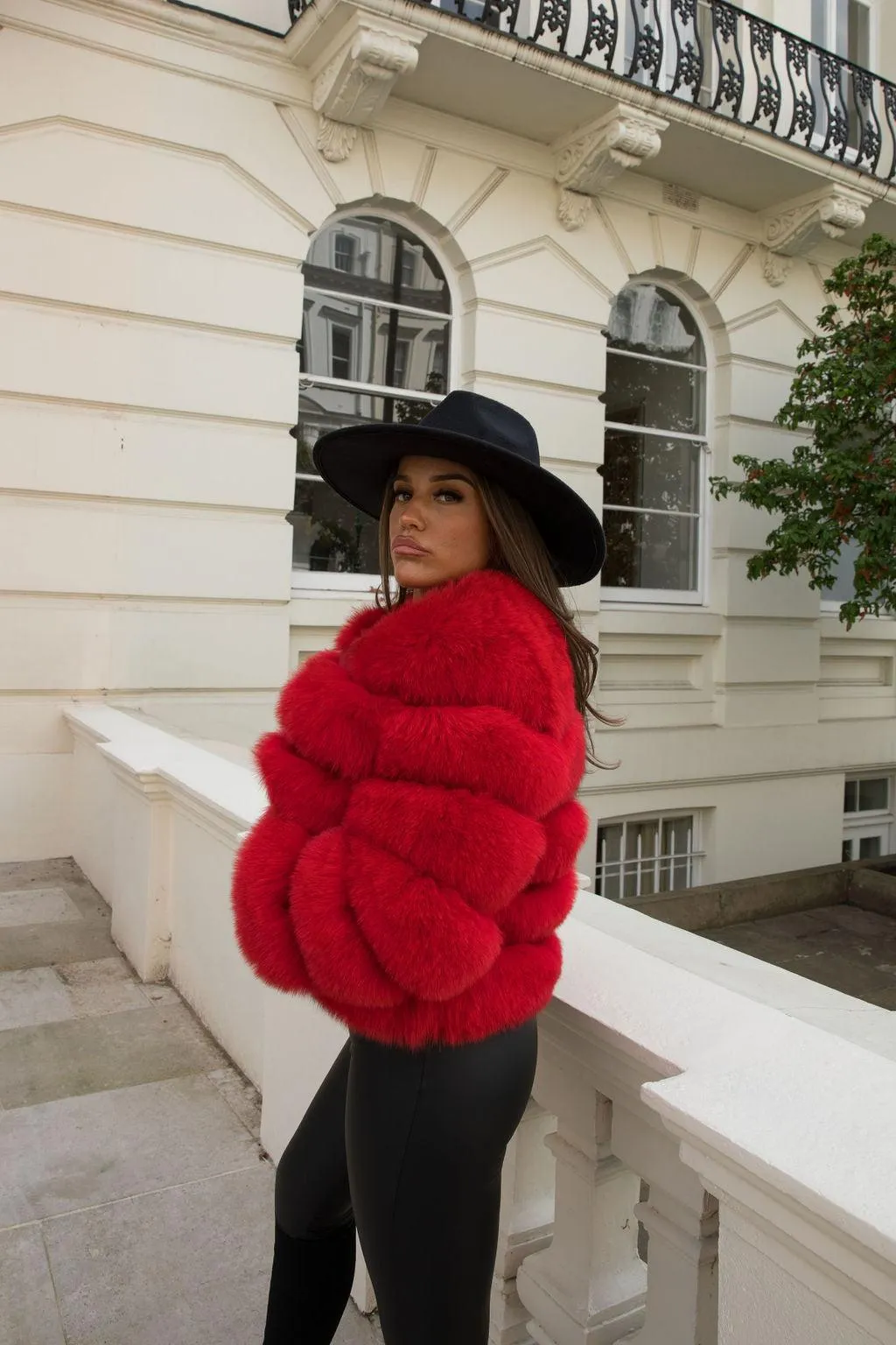 Red Luxury Fur 5 Row Cropped Sleeve Jacket