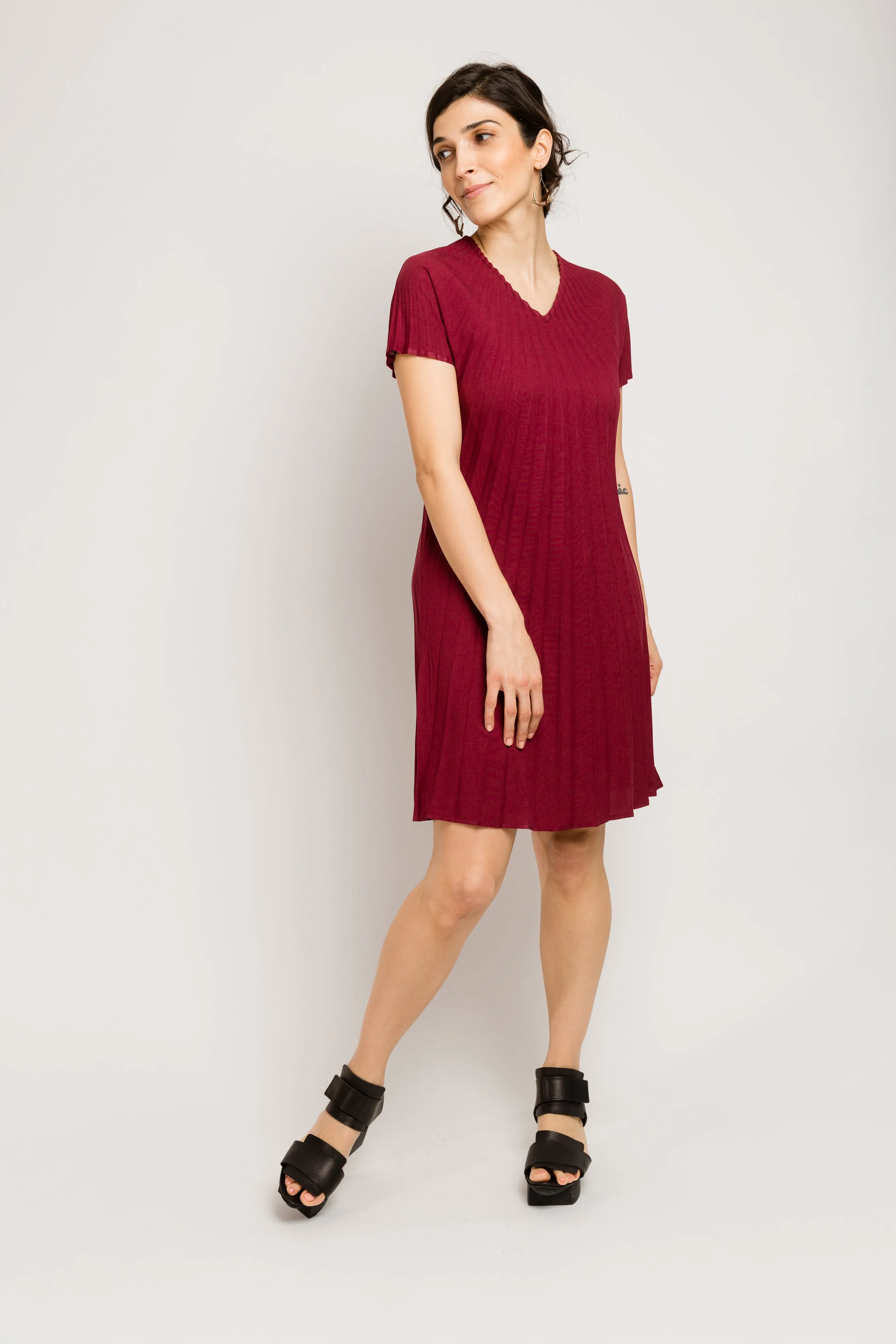 Reversible V-neck Sunburst Dress | Burgundy