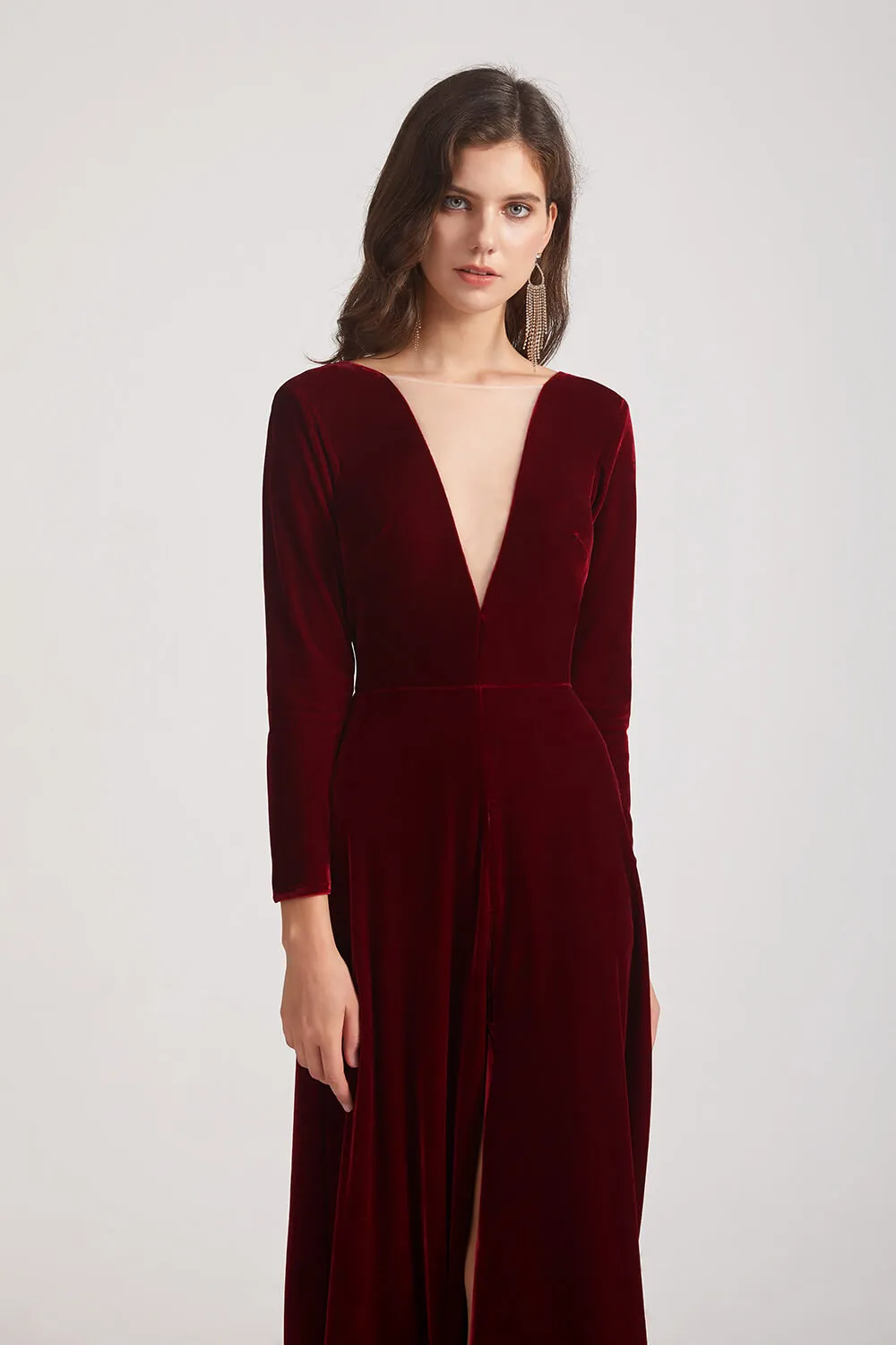 Sexy Long Sleeve Velvet Bridesmaid Dresses with Illusion Deep V-Neck (AF0127)