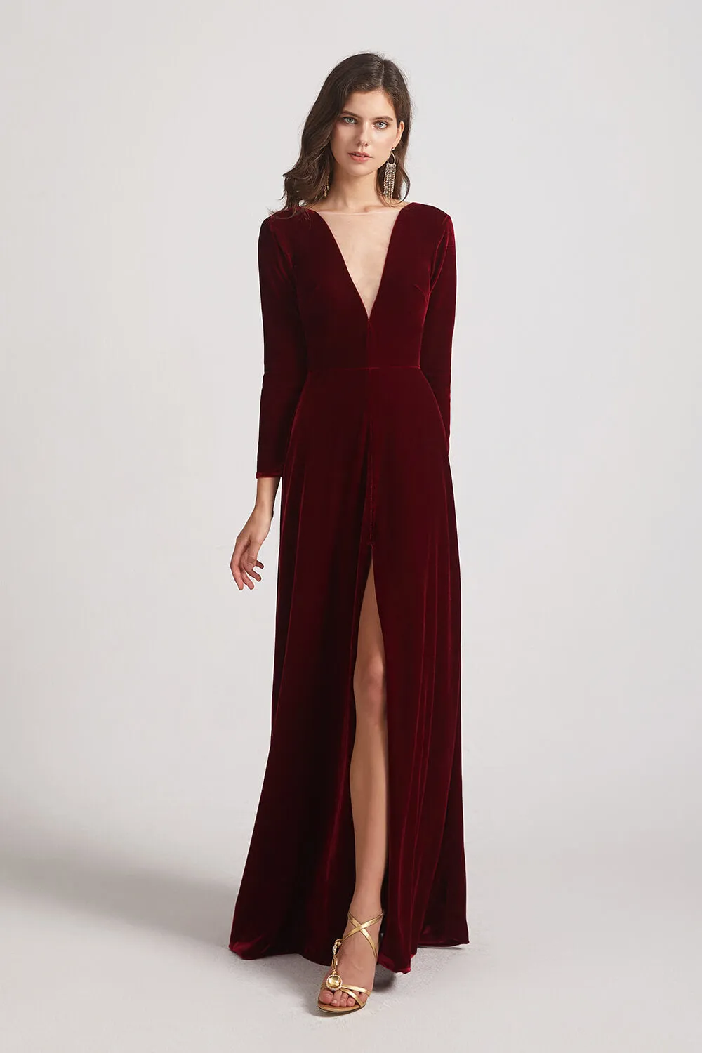 Sexy Long Sleeve Velvet Bridesmaid Dresses with Illusion Deep V-Neck (AF0127)