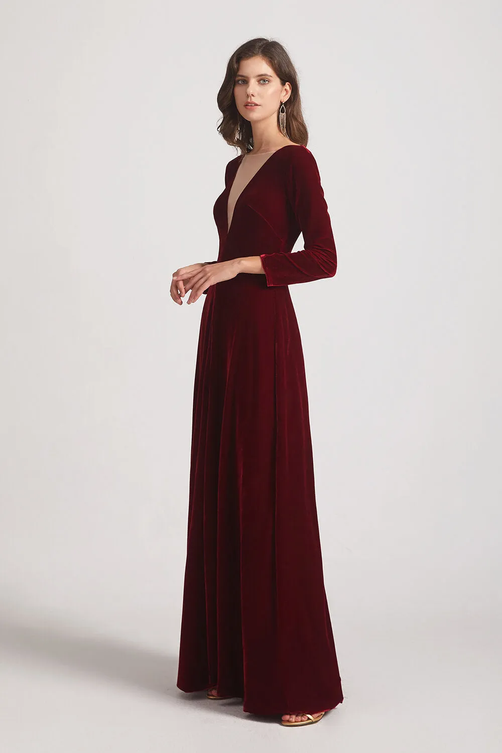 Sexy Long Sleeve Velvet Bridesmaid Dresses with Illusion Deep V-Neck (AF0127)