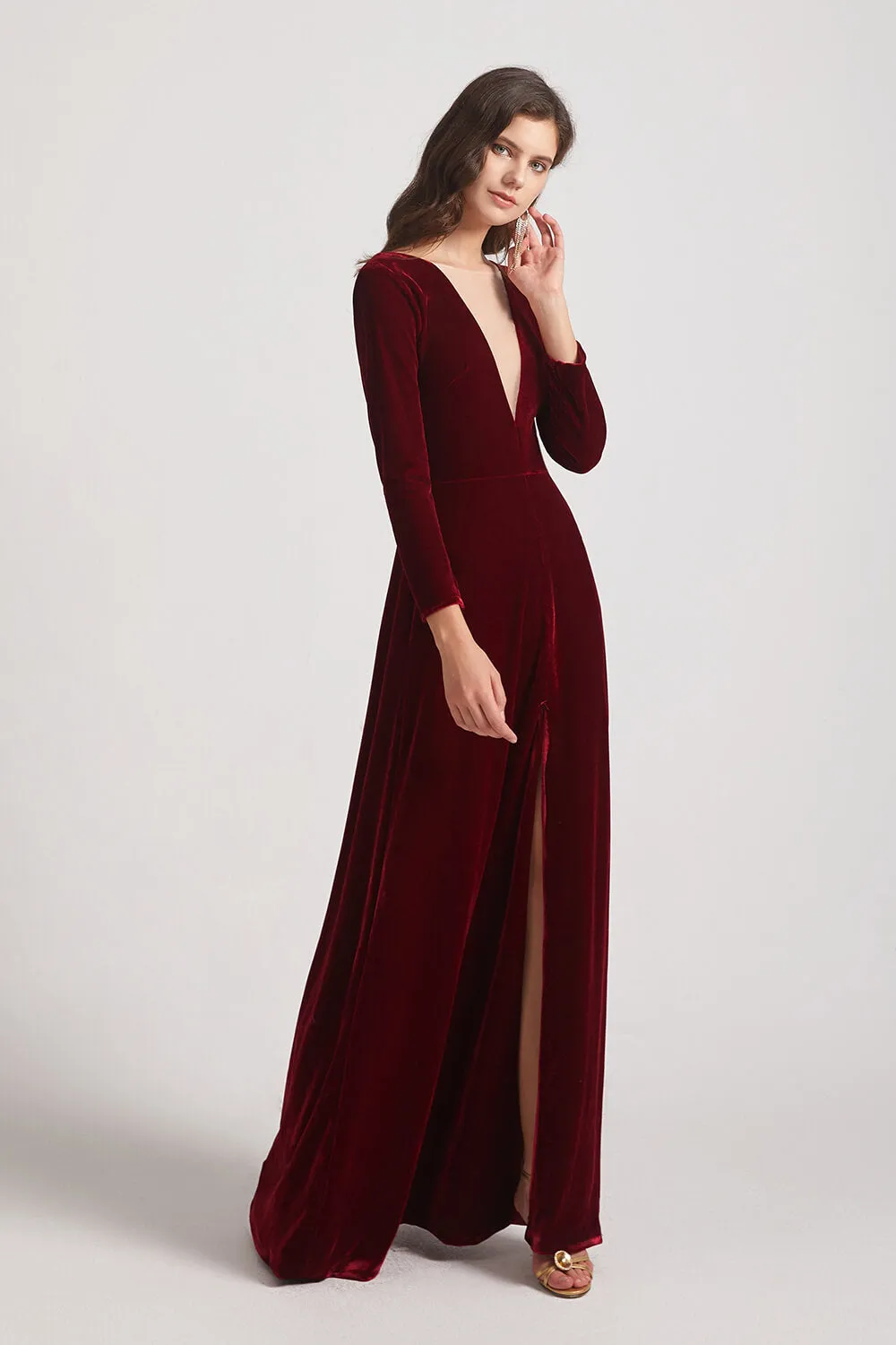 Sexy Long Sleeve Velvet Bridesmaid Dresses with Illusion Deep V-Neck (AF0127)