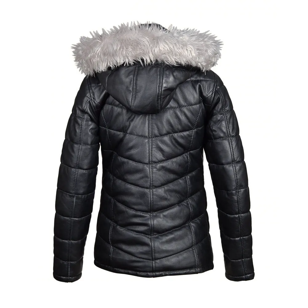 Snow’s Winter Puffer Leather Jacket With Fur Trimmed Hoodie