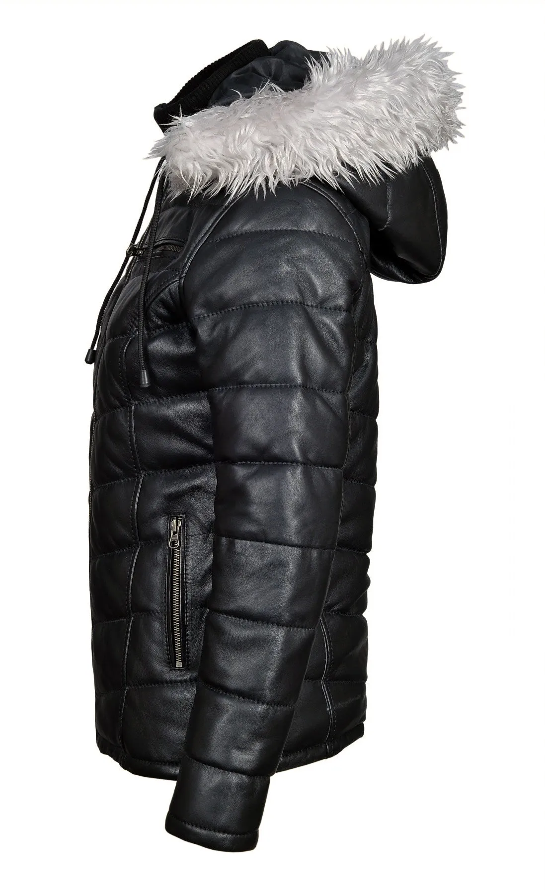 Snow’s Winter Puffer Leather Jacket With Fur Trimmed Hoodie