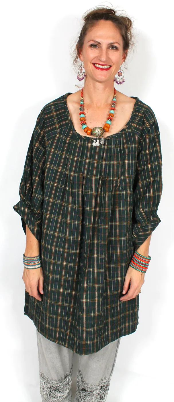 Sunheart Pleated Plaid Cotton Blouse Top Boho XL-1X-2x