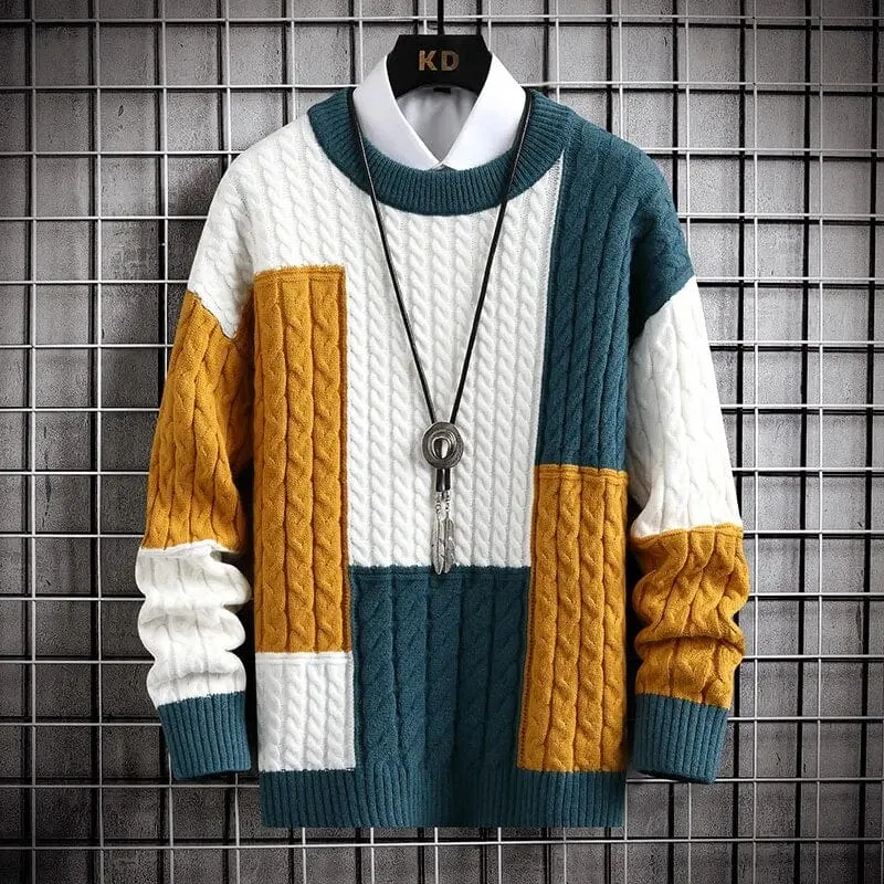 Tokyo Harajuku Sweater - Elevate Your Style: Colour-Blocked O-Collar Warm Sweater - Long Sleeve Loose Knit Pullover