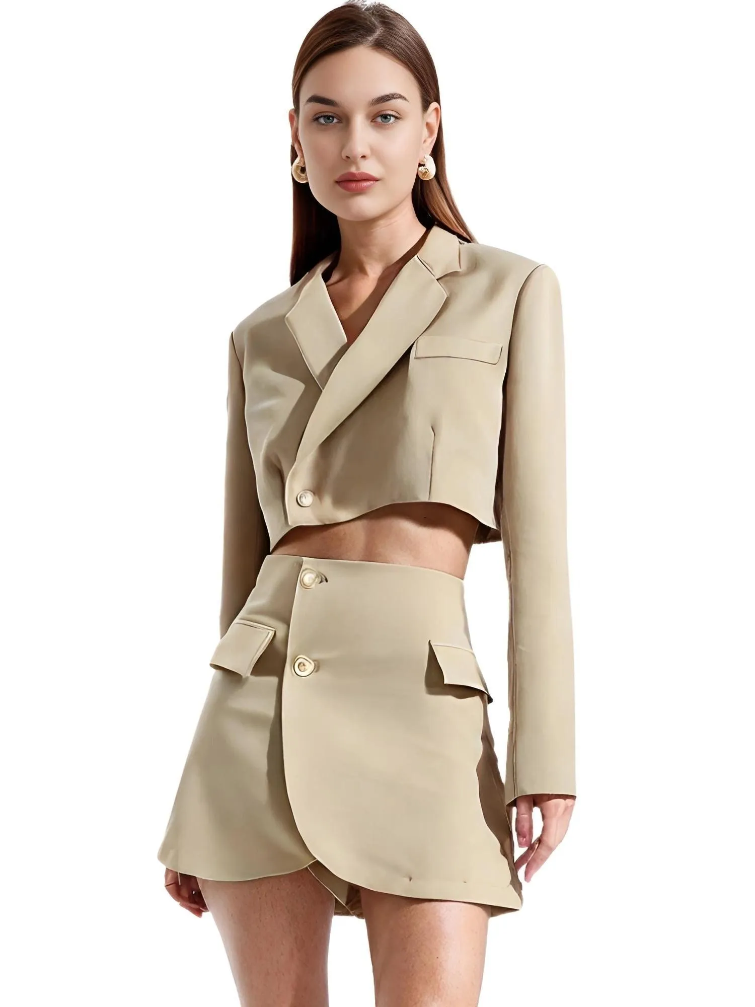 Women's Blazer Mini Skirt Set One Button Cropped Blazer And Cross Slit Skirt Set