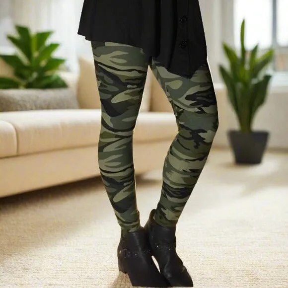 Womens Green Camouflage Leggings Soft Yoga Pants, Sizes 0-18, No-Roll Waist, Green