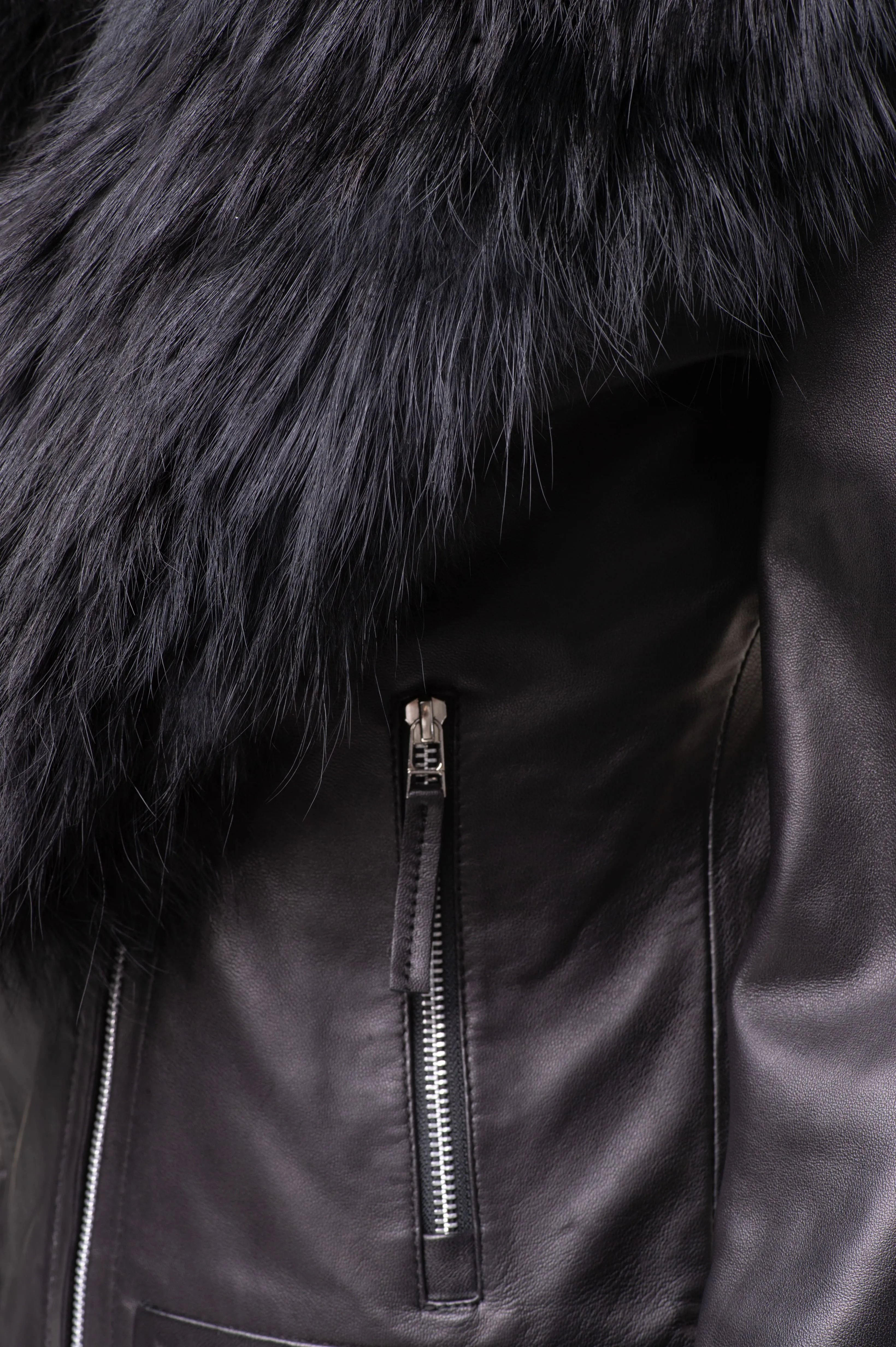 Women’s Leather Jacket With Large Black Fur Shawl